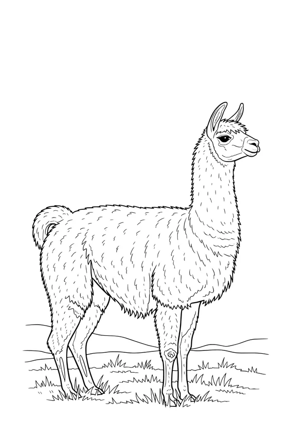 Free Llama Coloring Page - Fluffy Llama in Sunny Field (Printable PDF)