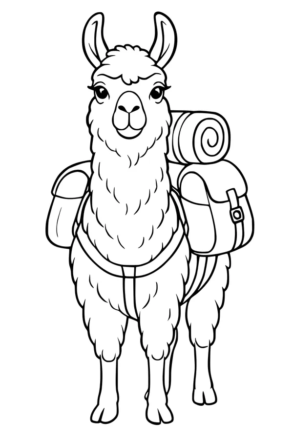Free Llama Coloring Page - Fluffy Pack Llama Explorer (Printable PDF)