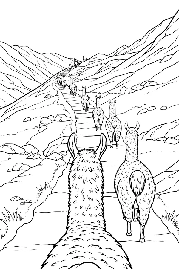 Free Llama Coloring Page - Llamas on a Rocky Mountain Trail (Printable PDF)