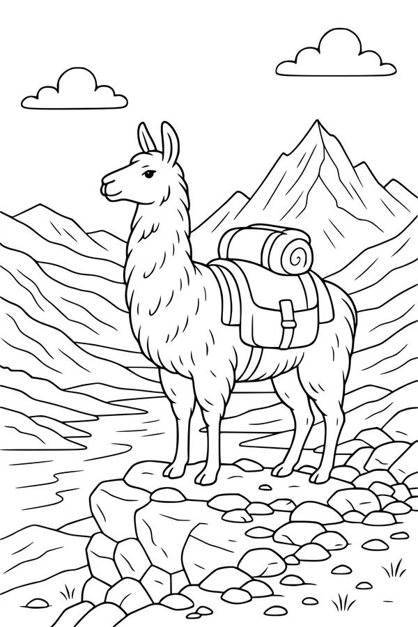 Free Llama Coloring Page - Pack Llama in Mountain Valleys (Printable PDF)