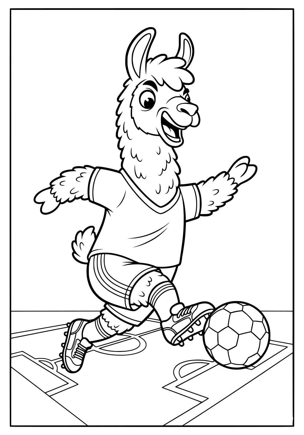 Llama in a soccer uniform kicks a ball on a field, smiling with big eyes and floppy ears.