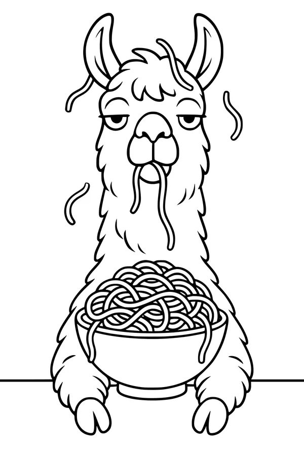 Free Llama Coloring Page - Silly Spaghetti Snack Scene (Printable PDF)