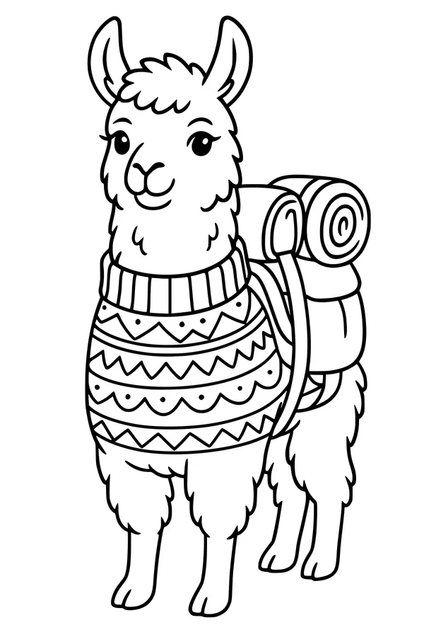 Free Llama Coloring Page - Cozy Hiking Llama in Sweater (Printable PDF)