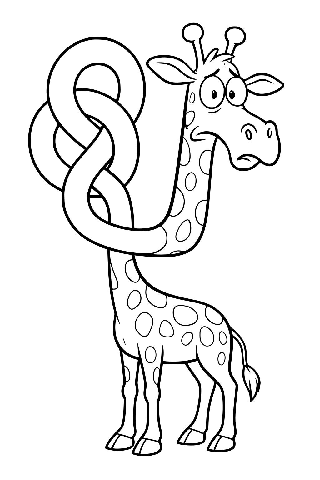 Cartoon giraffe with long neck twisted in a loop, wide eyes, and spots across its body.