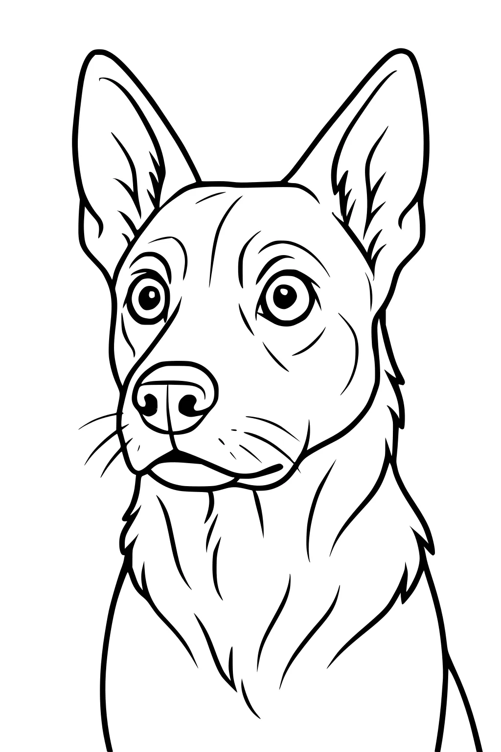 Line drawing of a dog with tall ears, big round eyes, and a short coat, looking forward with a gentle expression.
