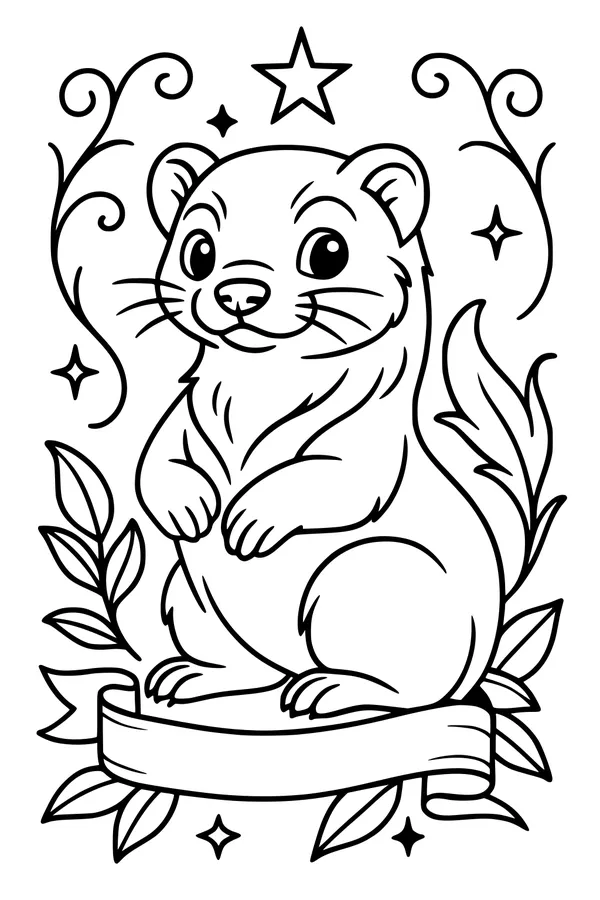 Free Ferret Coloring Page - Cute Cartoon Ferret With Stars and Banner (Printable PDF)
