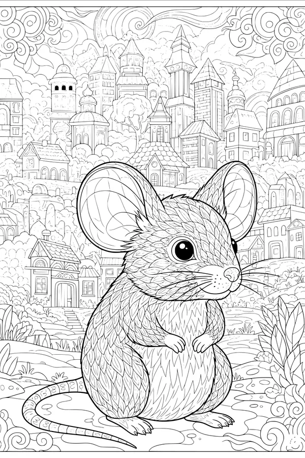 Free Mouse Coloring Page - Town Mouse in a Whirling City (Printable PDF)