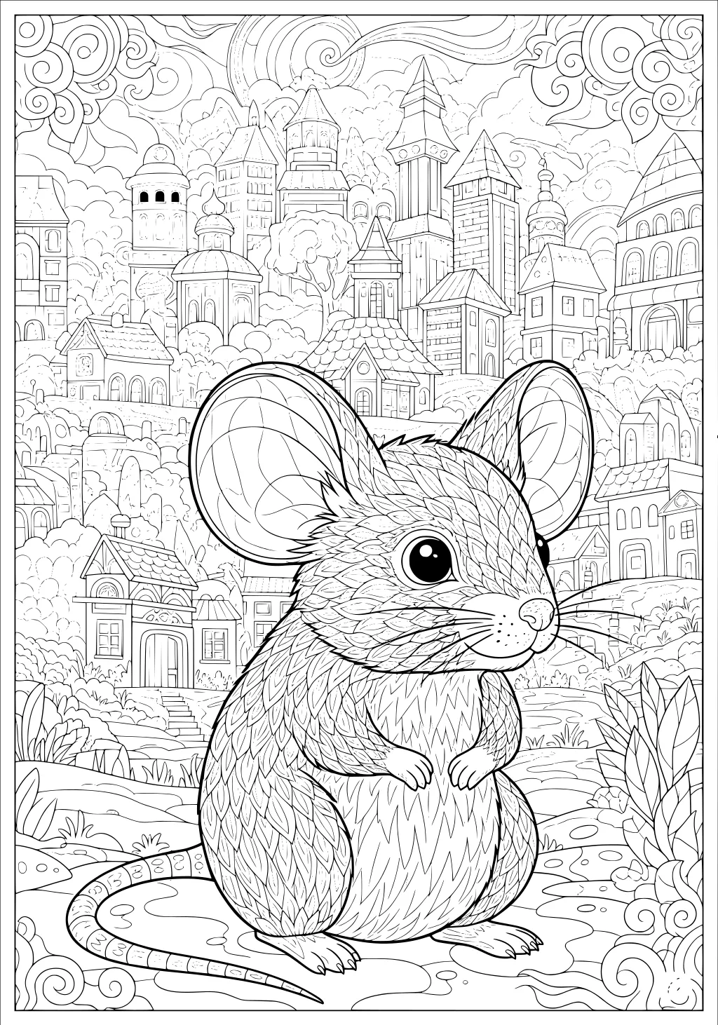 A mouse with big ears sits in front of a city full of houses, tall buildings, and swirling clouds.