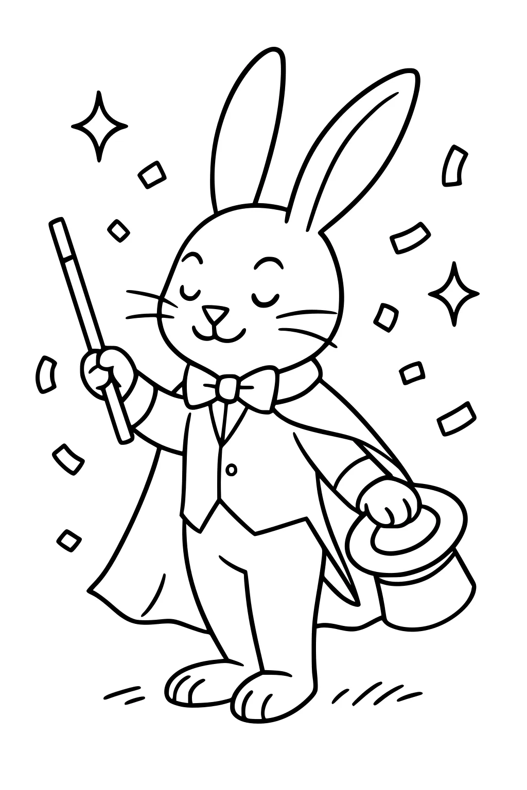 Rabbit in tuxedo and cape holding wand and top hat, surrounded by confetti and sparkles.
