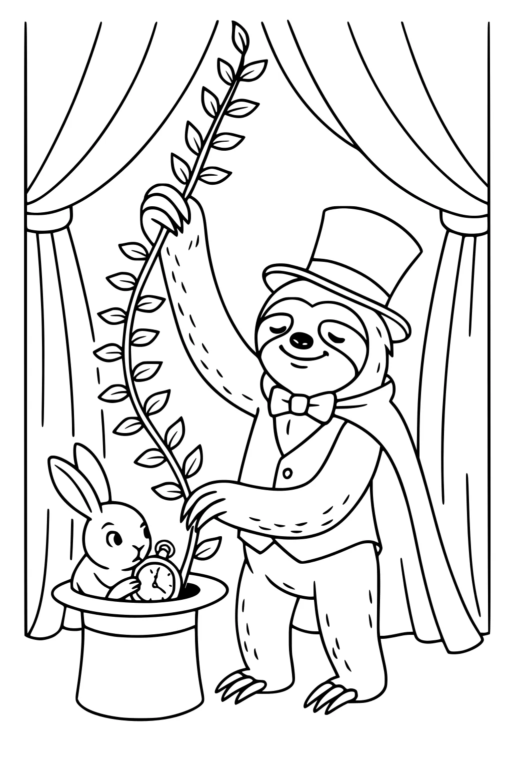 A magician sloth in a top hat performs with a leafy branch while a rabbit with a pocket watch sits in a hat on stage.