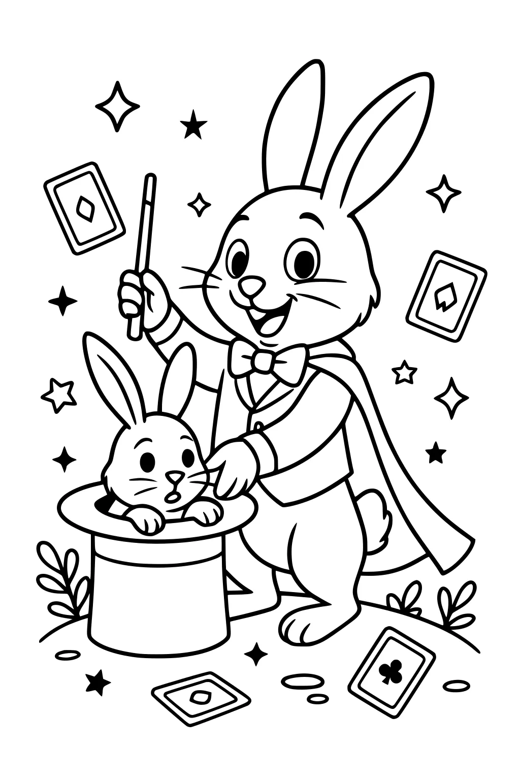 A magician rabbit pulls another bunny from a hat. There are magic cards, stars, and plants around them.