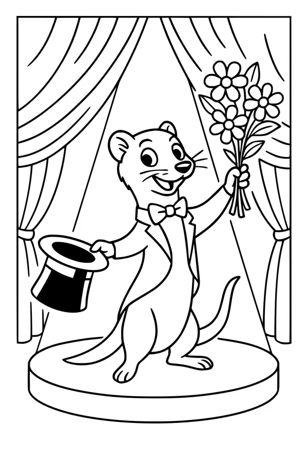 Free Weasel Coloring Page - Magician On Stage With Flowers (Printable PDF)