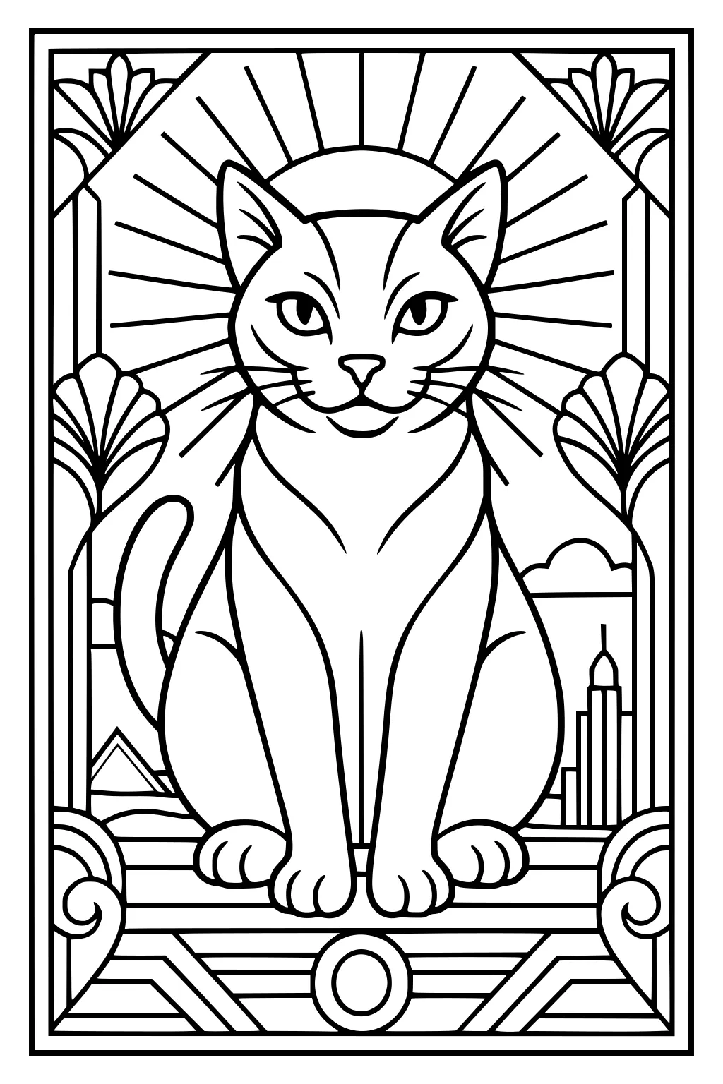 A cat sitting in front of sun rays and city skyline, framed by flowers and bold art deco lines.