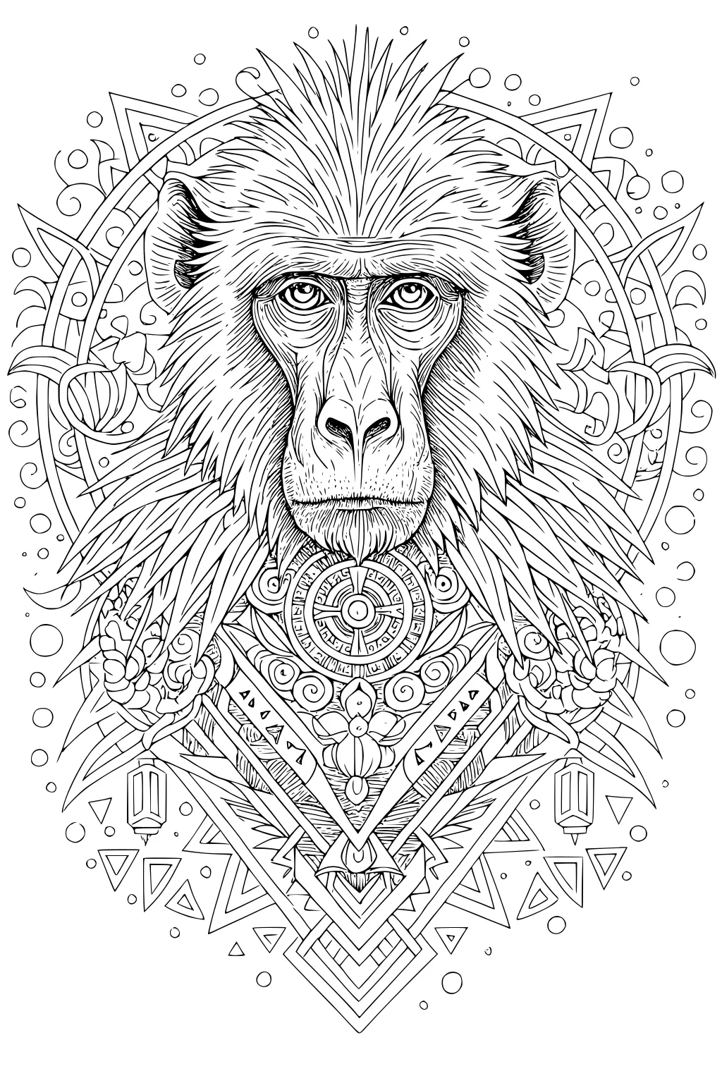 Baboon face with fluffy hair surrounded by detailed swirls, flowers, and abstract geometric shapes.