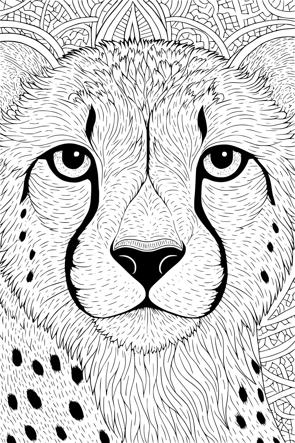Cheetah face with detailed fur, black tear marks, and spots, centered against an intricate geometric background.
