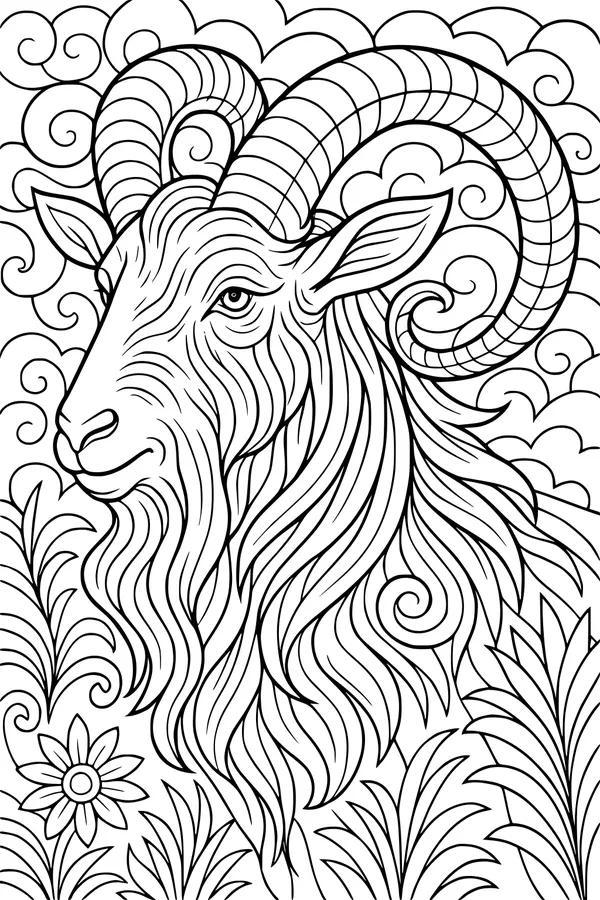 Free Goat Coloring Page - Gentle Goat With Twisty Horns and Flower (Printable PDF)