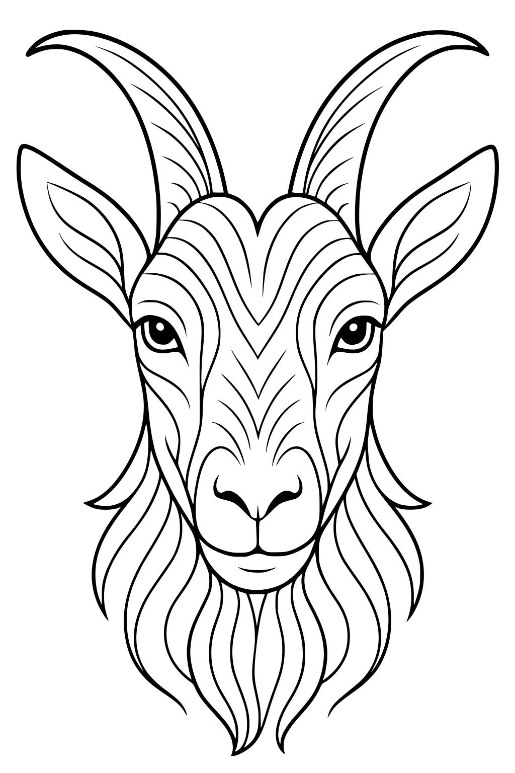 Front view of a goat's head with large curved horns, pointy ears, and wavy fur details in black outline.