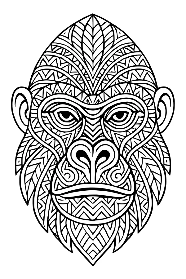 Free Gorilla Coloring Page - Jungle King Face with Zigzag Patterns (Printable PDF)