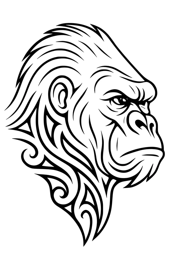 Free Gorilla Coloring Page - Tribal Swirl Profile Art (Printable PDF)