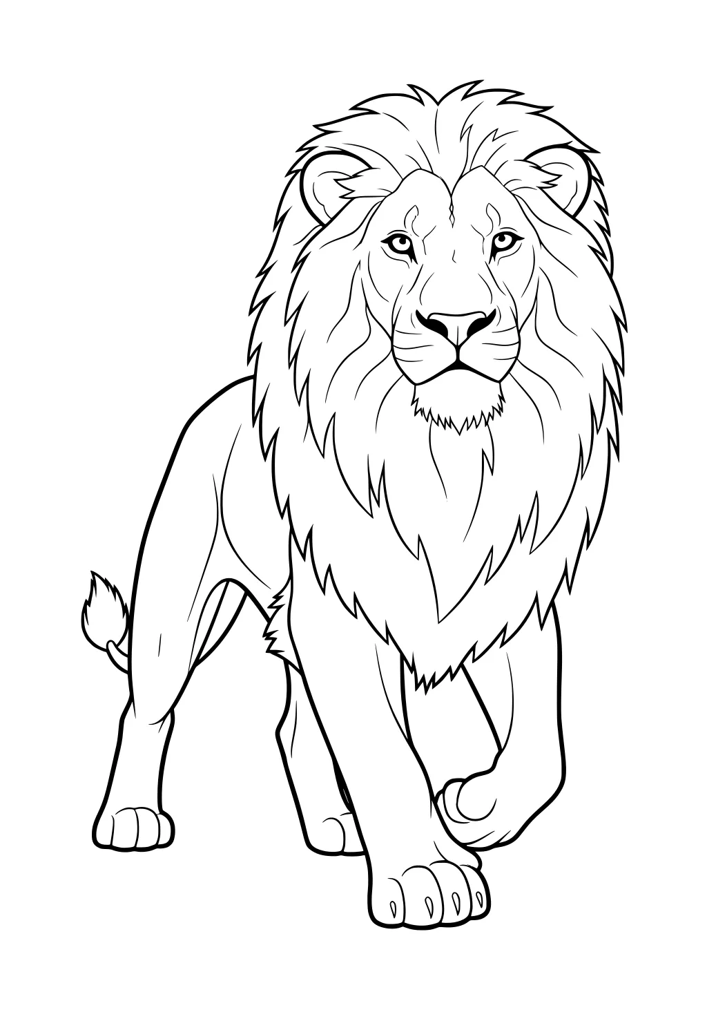 Male lion with thick mane walking forward, head up, eyes open, tail curled, strong paws shown.