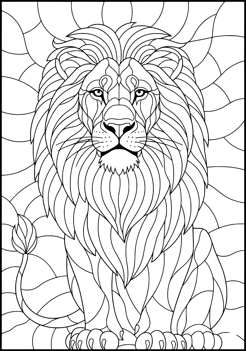Lion with large mane sitting, detailed fur and tail, abstract wavy background.