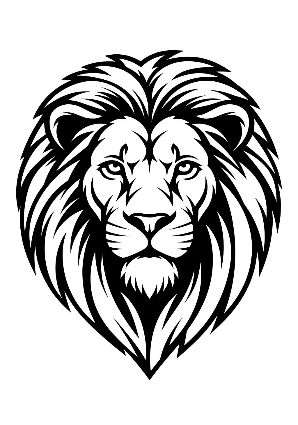 Black and white lion head with a detailed mane and focused expression, outlined for coloring.