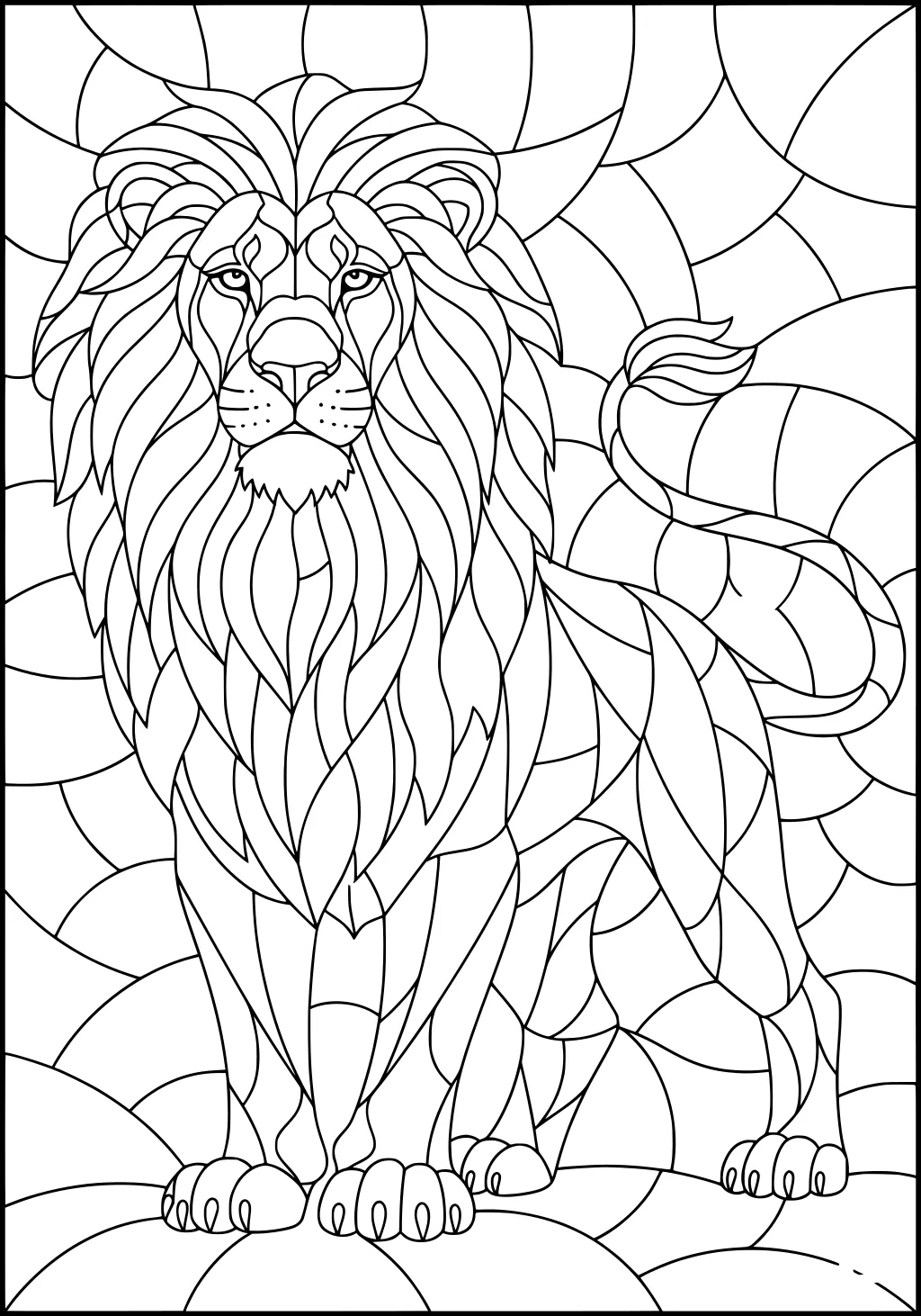 Line drawing of a lion with a full mane, standing on four paws with a patterned background.