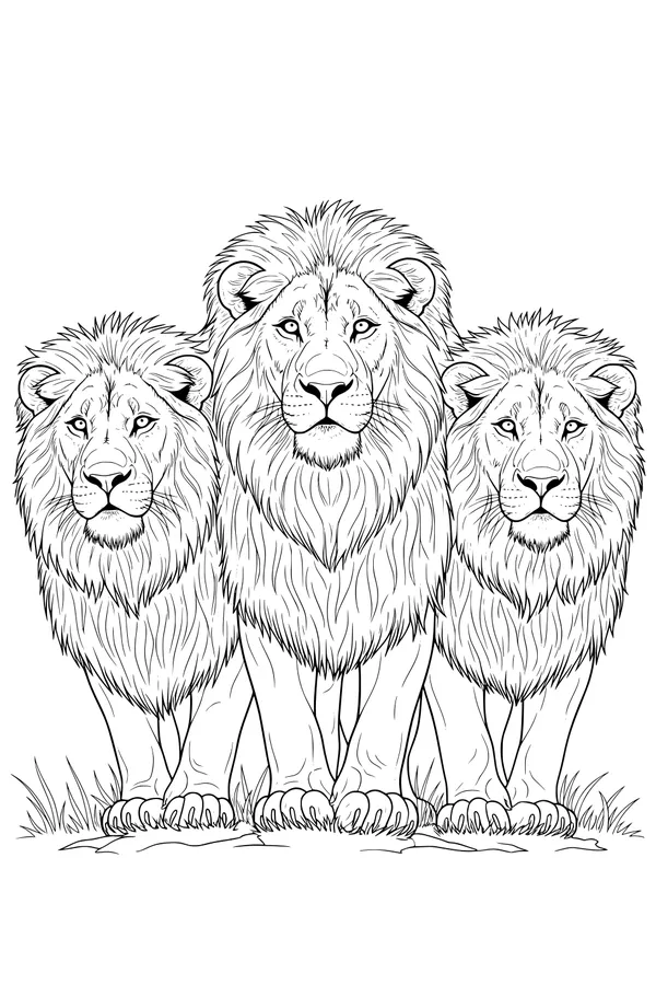 Free Lion Coloring Page - Three Male Lions on Grassy Plain (Printable PDF)