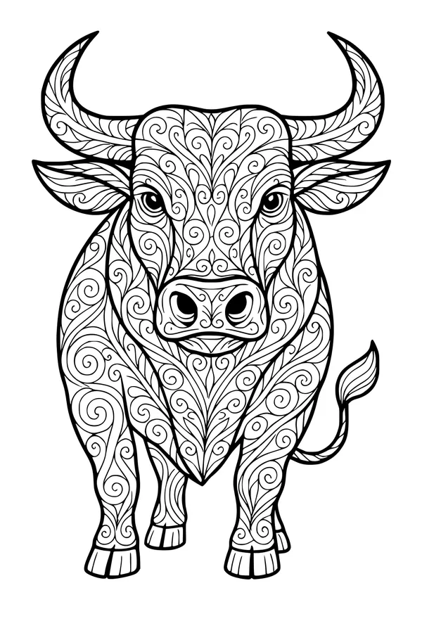 Free Bull Coloring Page - Swirly Horns and Leafy Patterns (Printable PDF)