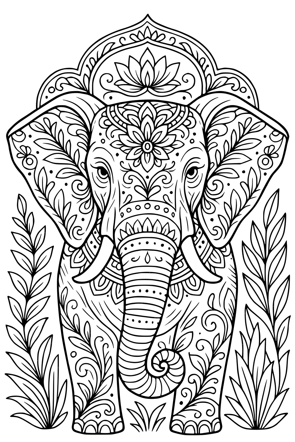 Front view of decorative elephant with floral patterns and leafy plants on both sides.