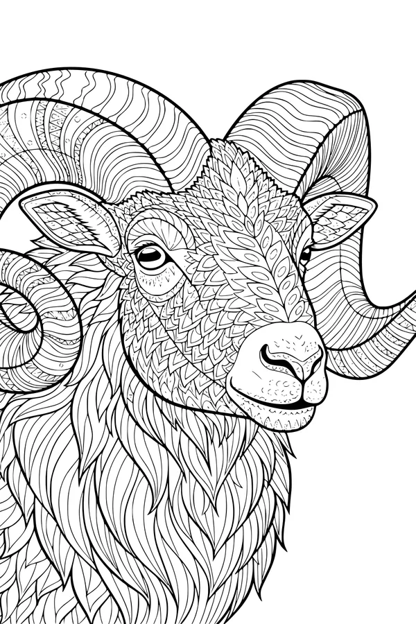 Free Ram Sheep Coloring Page - Woolly Head With Swirly Horns (Printable PDF)