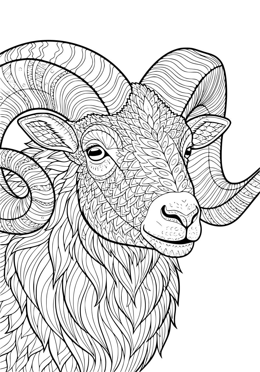 Ram sheep with large spiral horns and patterned wool, detailed with swirling and leaf designs.