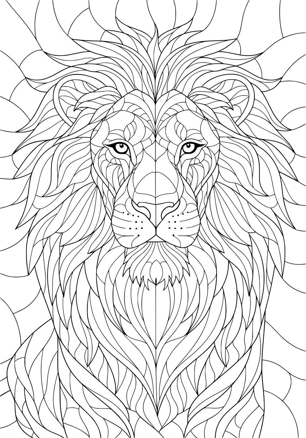 Lion with a detailed, flowing mane made of many curved sections, facing forward with strong outlines.