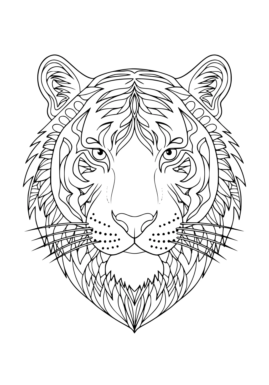 Line drawing of a tiger's head with patterned stripes, rounded ears, and long whiskers.