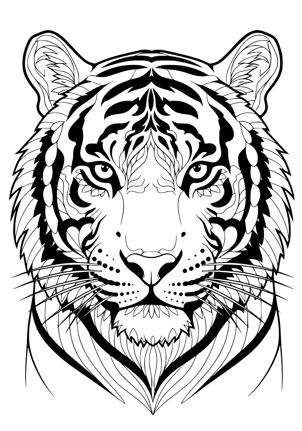 Drawing of a tiger face with detailed stripes, wide eyes, and whiskers, filling the entire page with bold outlines.