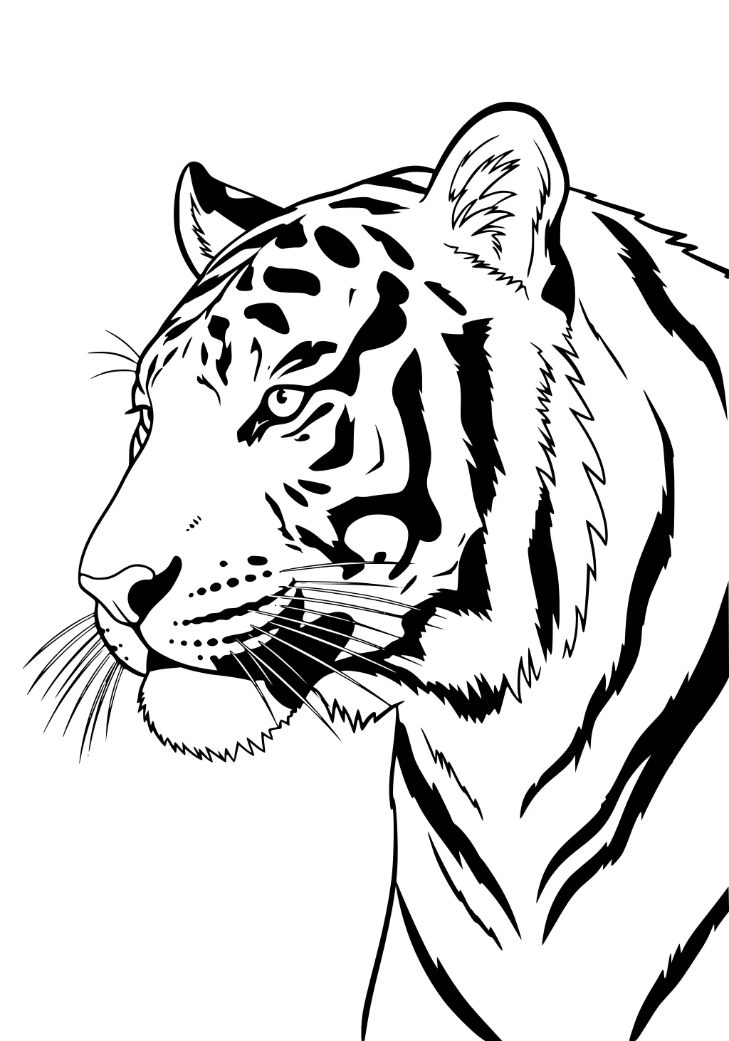 Line art of a tiger’s head and neck in profile, with detailed stripes and whiskers.