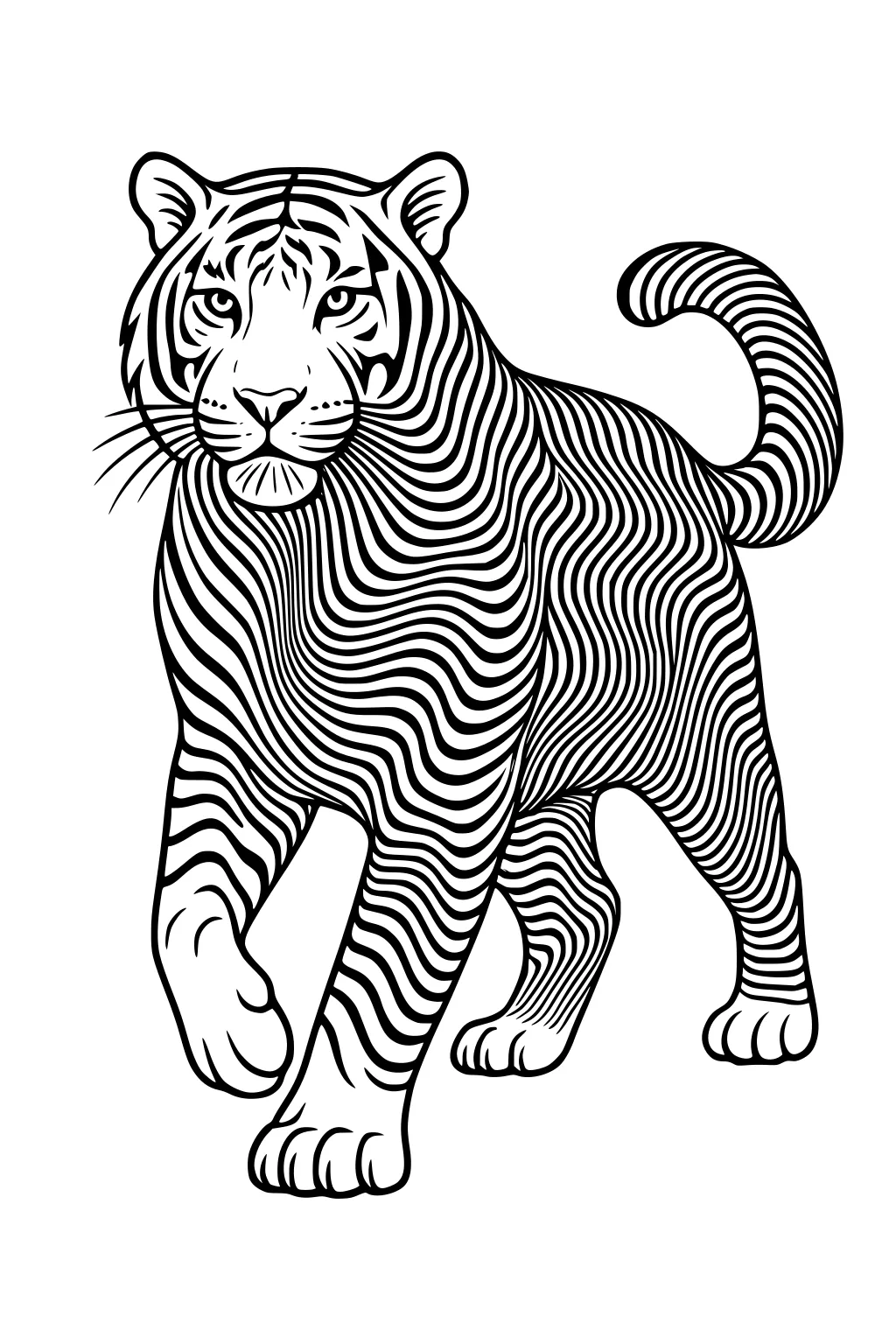 Tiger with wavy stripes, facing forward, tail curved upward, standing with one paw lifted.