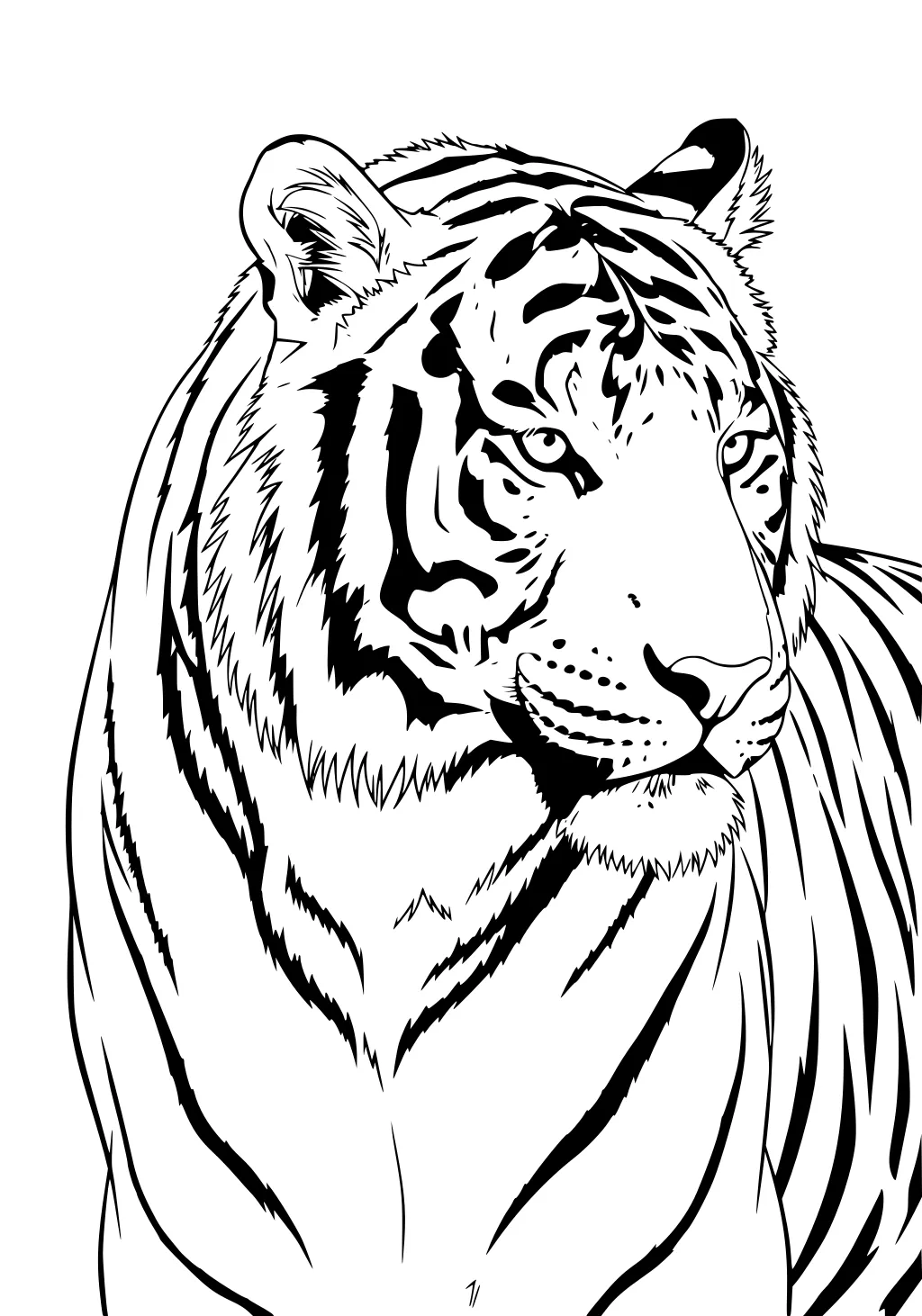 Tiger with bold black stripes, alert eyes, and upright ears, facing forward and showing upper body in line art style.