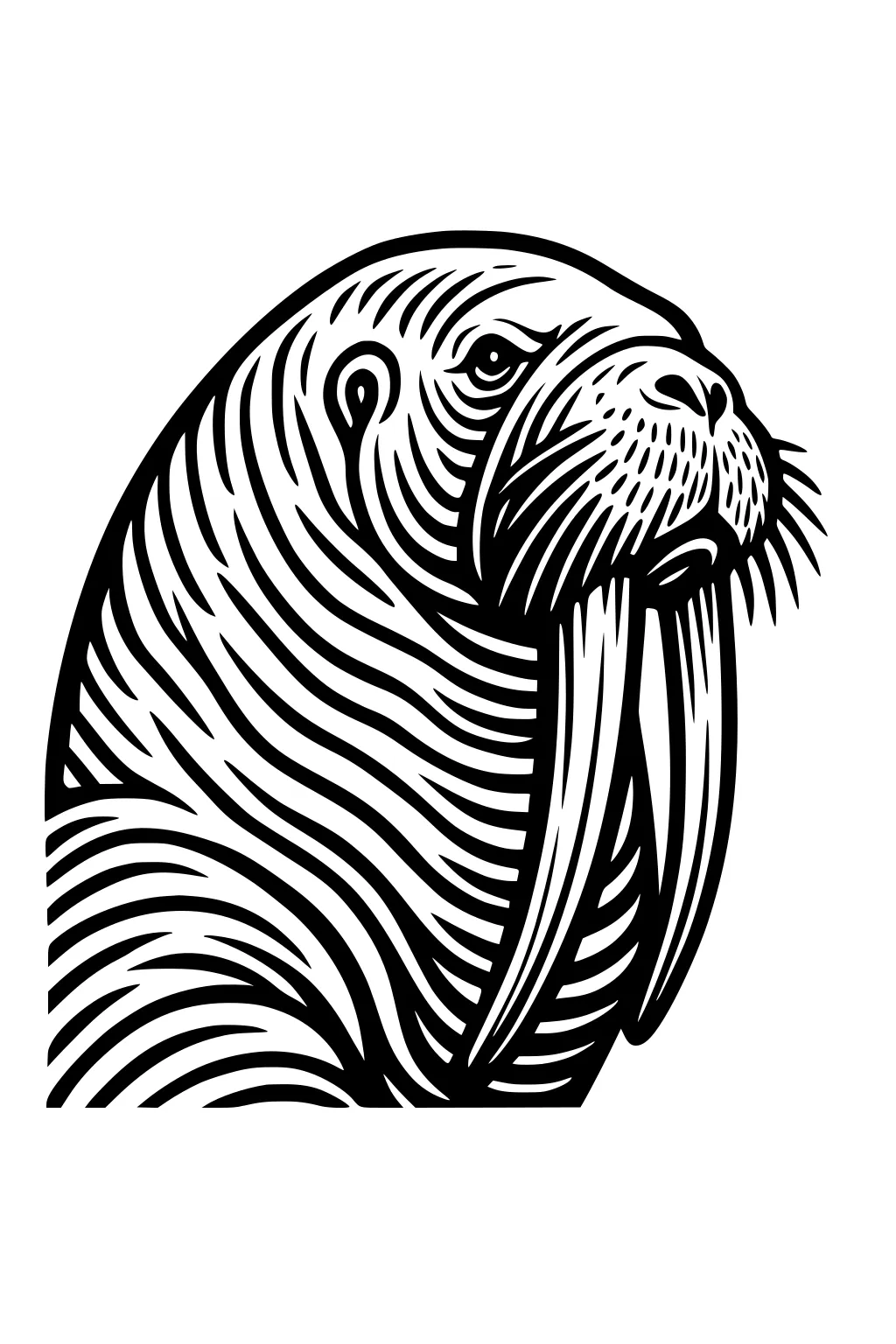 Line drawing of a walrus head with long tusks, whiskers, and curved stripes across its body.