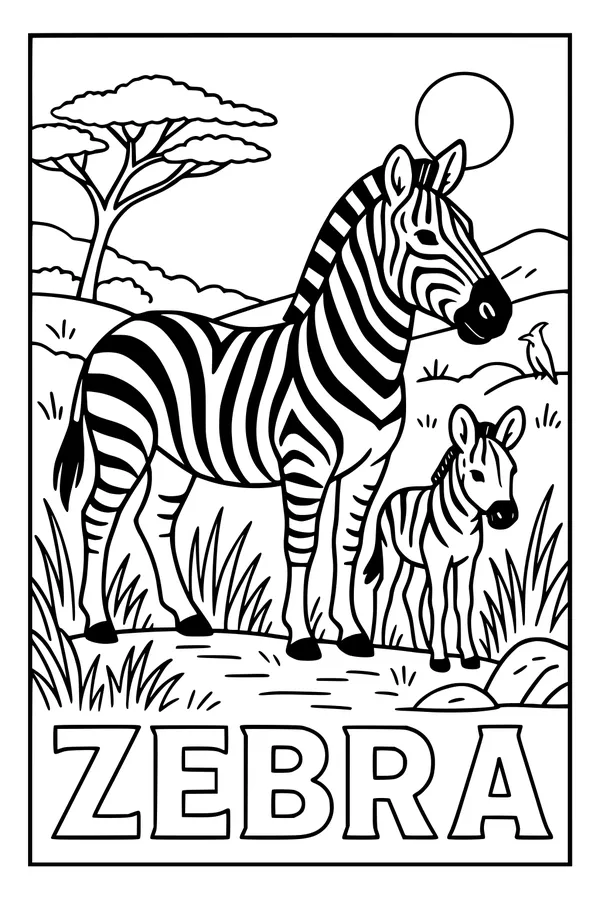 Free Zebra Coloring Page - Mama Zebra and Foal in African Savanna (Printable PDF)