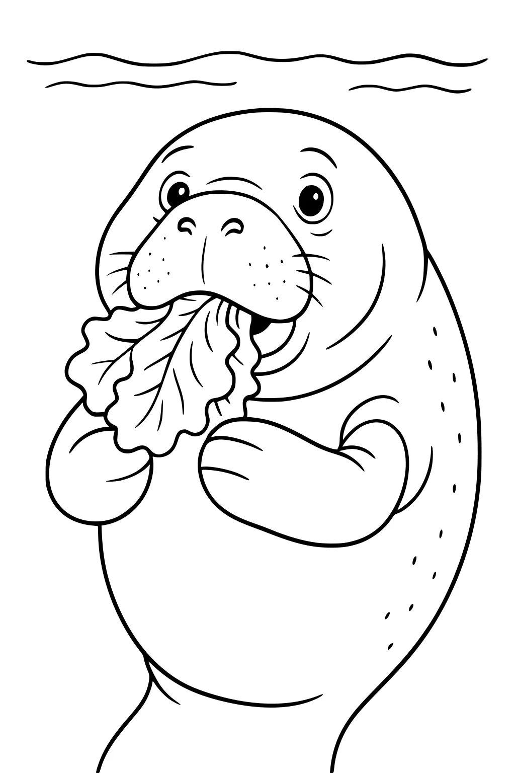 Manatee eating lettuce while holding it with flippers, floating just below wavy water lines.