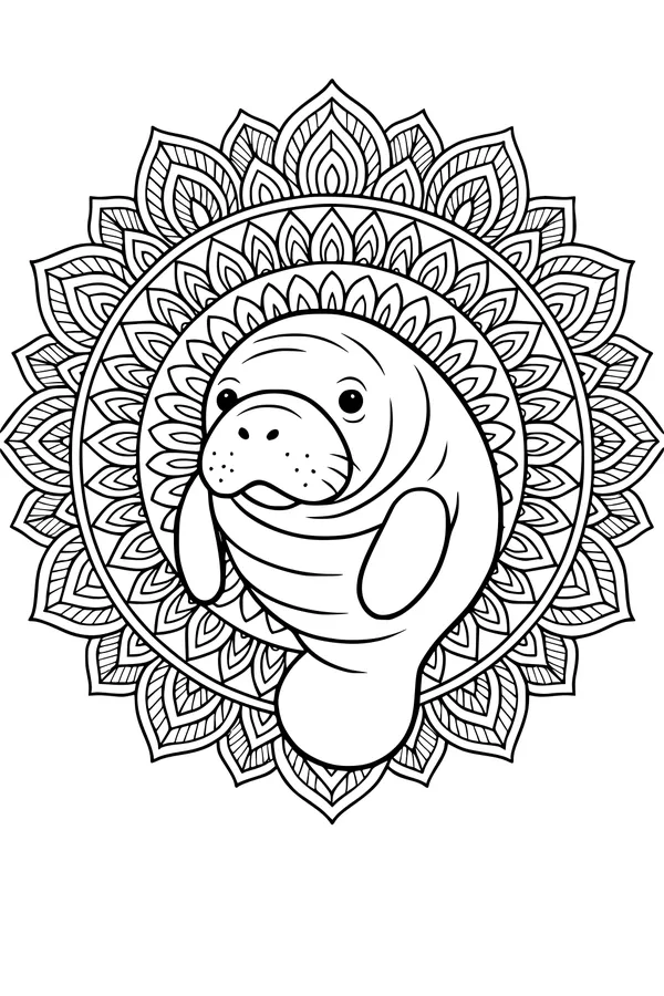 Free Manatee Coloring Page - Cartoon Manatee in Floral Mandala (Printable PDF)