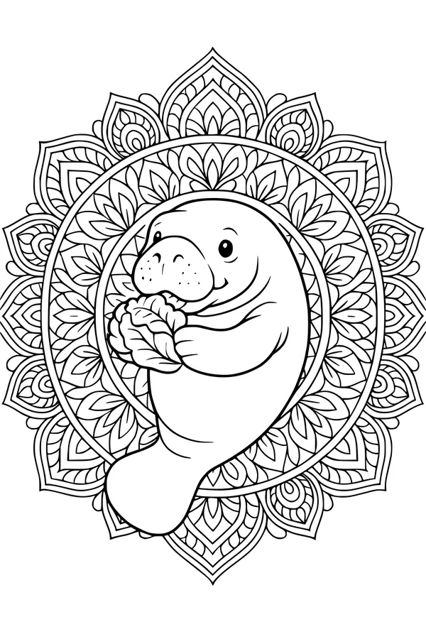 Free Manatee Coloring Page - Smiling Sea Cow With Lettuce Mandala (Printable PDF)