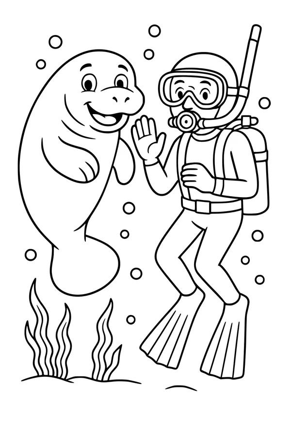 Free Manatee Coloring Page - Smiling Manatee Meets Boy Diver Underwater (Printable PDF)