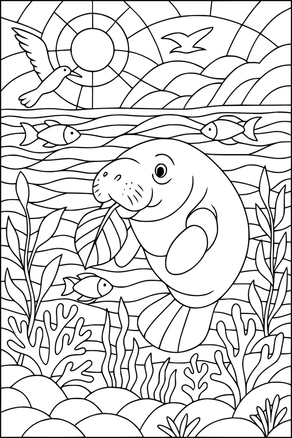 Free Manatee Coloring Page - Gentle Underwater Leaf Snack (Printable PDF)