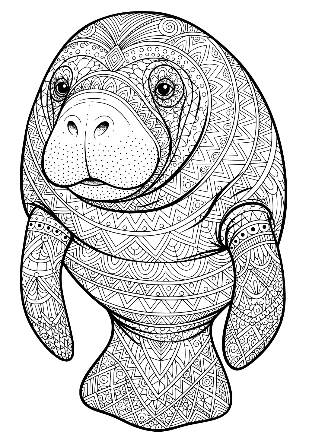 Line drawing of a manatee with detailed geometric and swirly patterns over its face, body, and flippers.