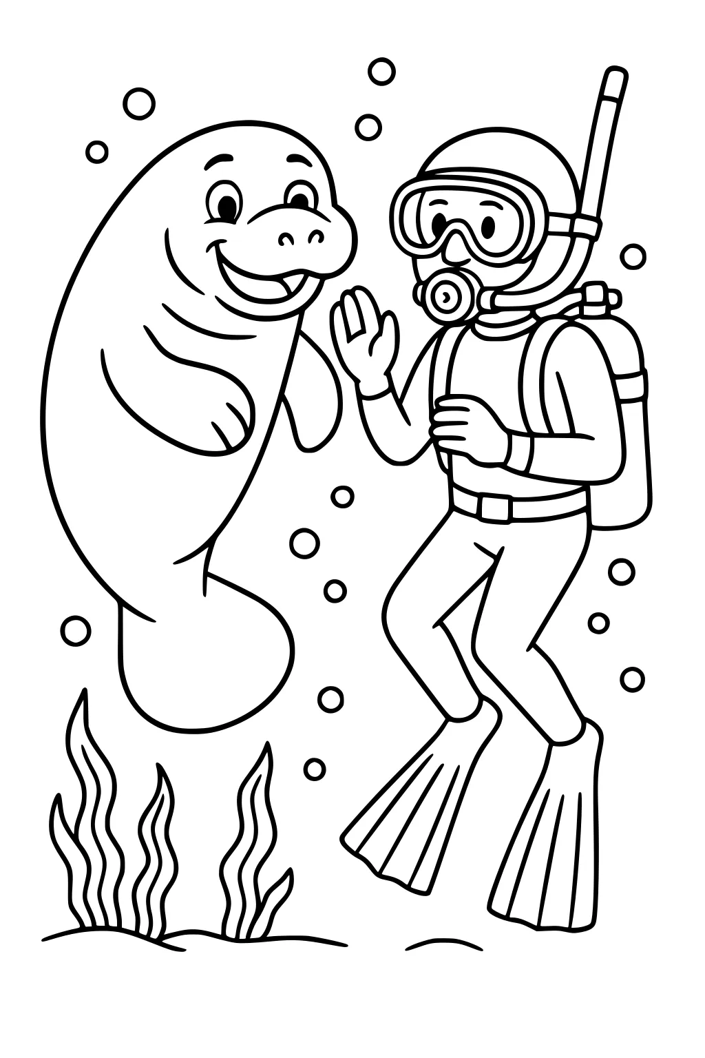 Manatee and scuba diver boy underwater with bubbles and sea grass.
