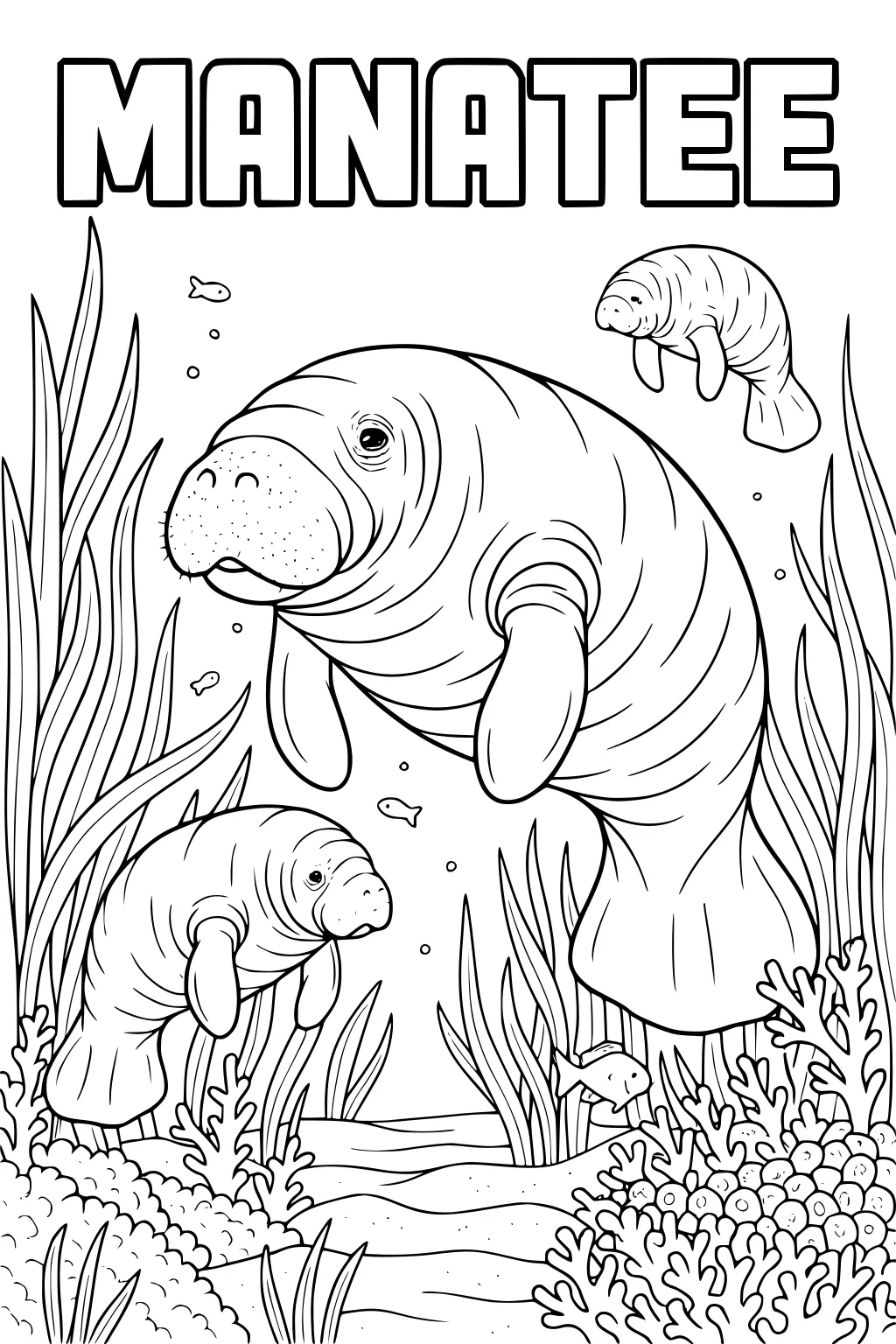 Three manatees swim among seaweed and coral with small fish and bubbles. Large block letters spell MANATEE overhead.