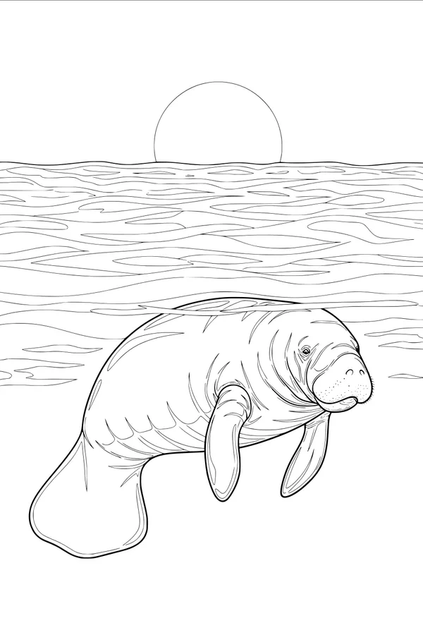 Free Manatee Coloring Page - Gentle Sea Sunset Scene (Printable PDF)