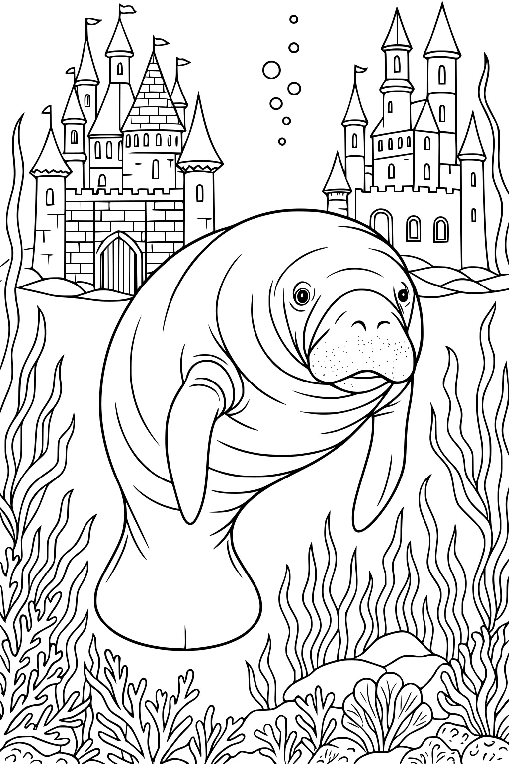 Manatee swimming underwater with two large castles, surrounded by seaweed, coral, and bubbles.